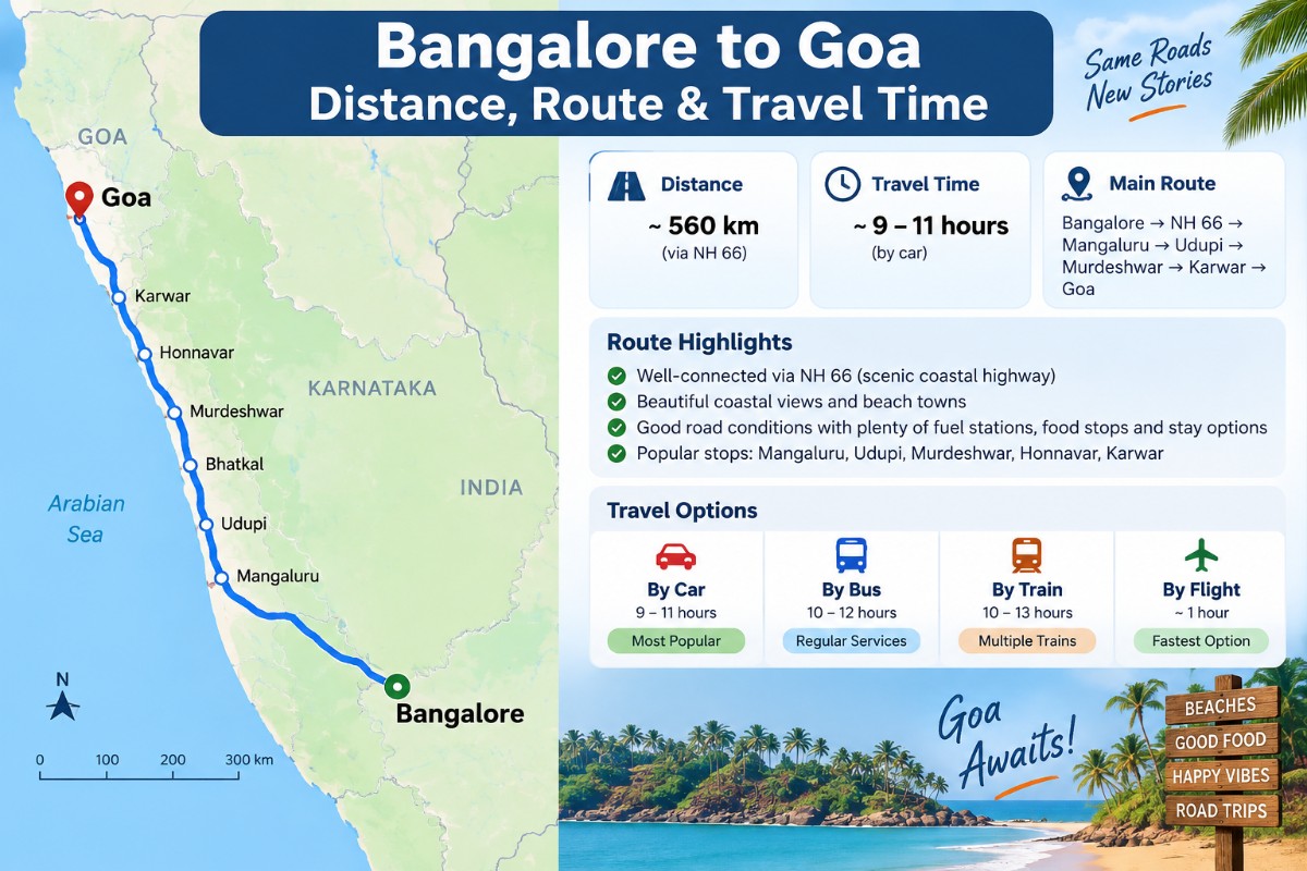Bangalore to Goa distance, route and travel time