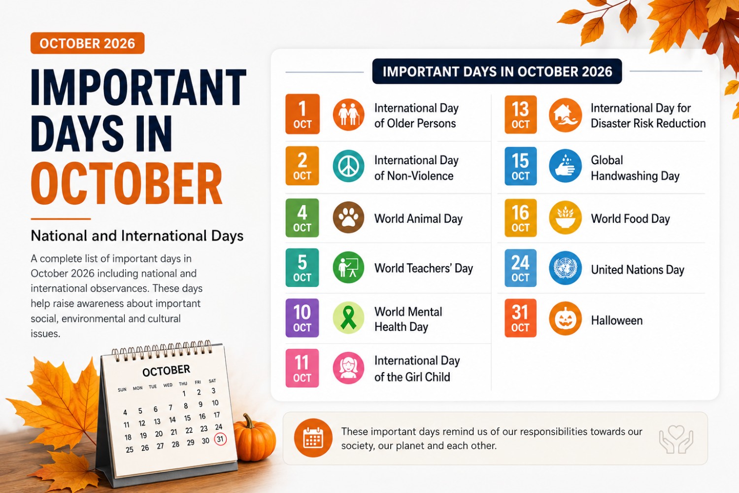 Important Days in October 2026 calendar graphic