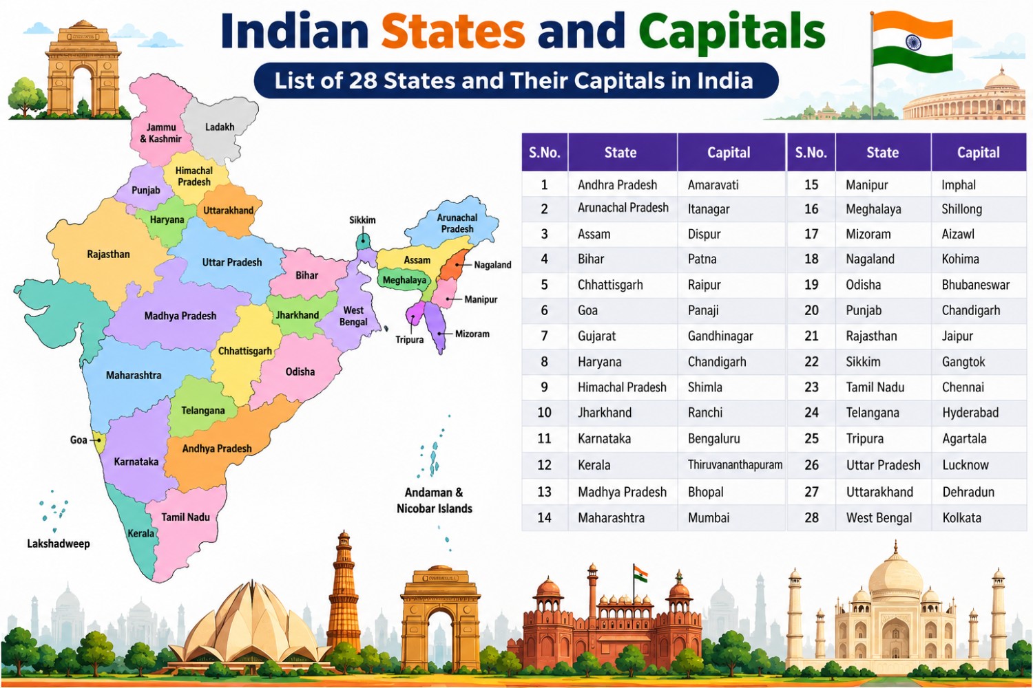 Indian States and Capitals - 28 states of India and their capitals